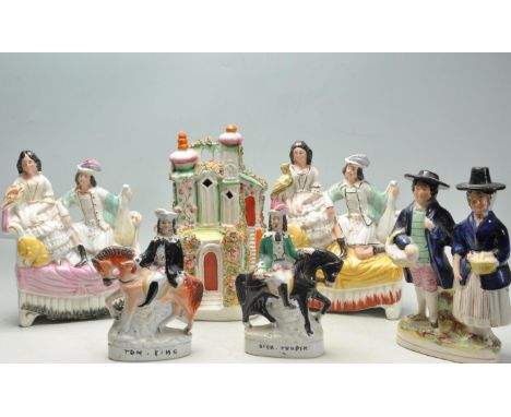 A group of six 19th century Victorian Staffordshire ceramic porcelain flat back figurine to include a vast variety of 19th ce