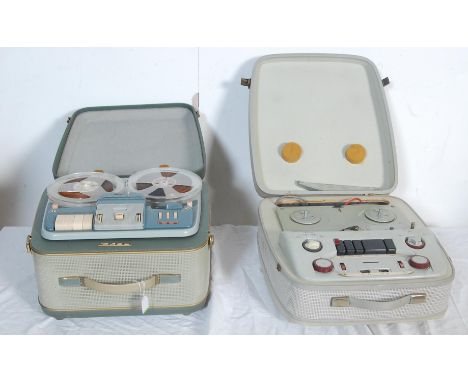 Two vintage retro 20th century portable reel to reel tape players to include a Grundig TK 30 with hinged lid and two tone col