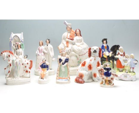 A collection of ten 19th century Victorian ceramic porcelain Staffordshire flatback figurines / group figurines to include Ya