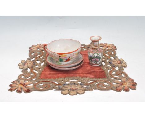 A collection of 19th century antique Chinese oriental ceramic porcelain ware to include two small plates and a cup. All being