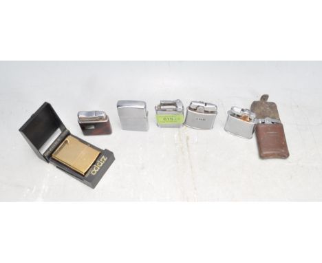 A collection of seven vintage retro 20th century petrol lighter to include Zippo, Mosda, Colibri, Ronson, Polo, etc.&nbsp;