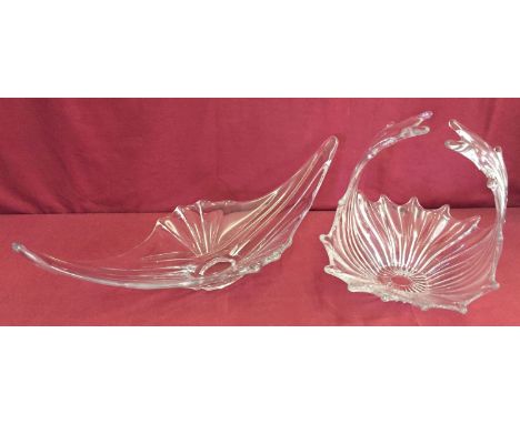 2 large pieces of vintage clear art glass.One in the form of an abstract basket a/f, the other a gondola shaped dish.Largest 