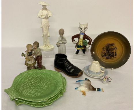 A box of assorted vintage ceramic items to include Shorter fish plates (1 a/f). Together with figurines, a flying duck orname