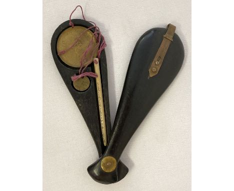 A vintage "dotchin" opium scale in sliding paddle wooden case. Small brass weighing pan with round weight and a notched slidi