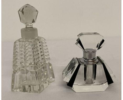 An Art Deco style black and clear glass scent bottle together with a vintage cut glass scent bottle. Largest approx. 11cm tal
