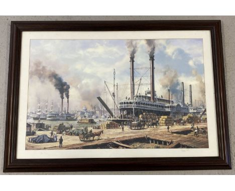 Large framed and glazed print of an American harbour scene depicting paddle steamers. Frame size approx. 60 x 85cm.