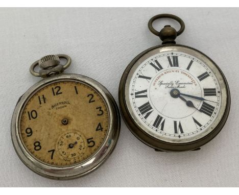 A vintage brass cased Superior Railway Timekeeper pocket watch with enamel face. Together with a vintage Ingersoll pocket wat