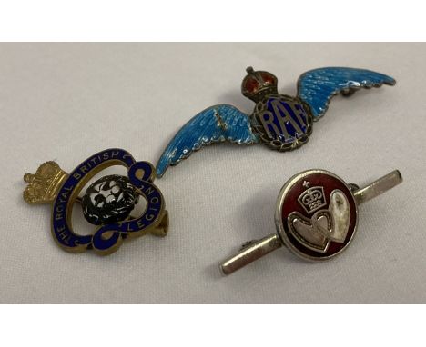 A silver and enamel RAF wings pin back badge. Together with a Royal British Legion badge and a silver award blood donor badge