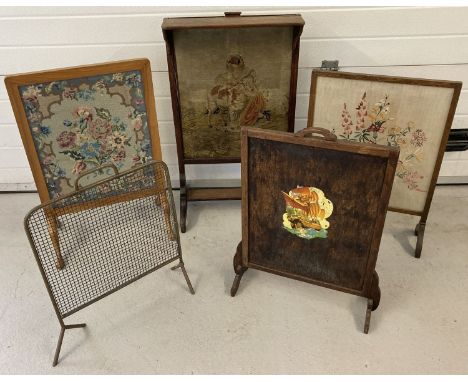 5 wooden and metal framed fire screens. To include tapestry/embroidery and transfer print decorated.One a/f. Largest approx. 