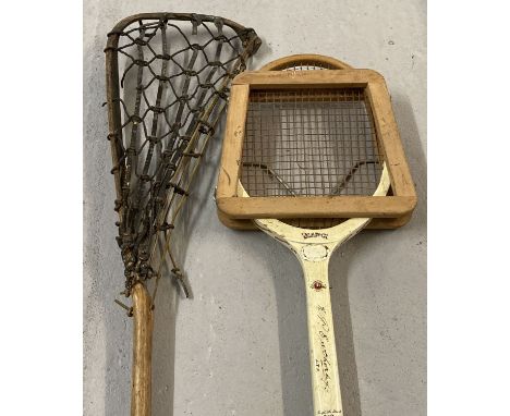 An antique Canadian Lally S Boys Lacrosse stick together with a Diadex tennis racket. With a Dunlop tennis press. Tennis rack