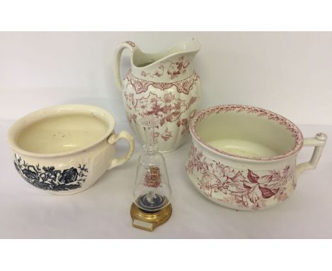 2 vintage ceramic chamber pot together with a large ceramic jug by Minton and a glass "Mary Rose" ship in a bottle on stand. 