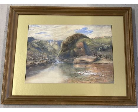  A gilt framed and glazed watercolour of a rural landscape with cattle and castle by R. Harris. Signed to lower right. Frame 