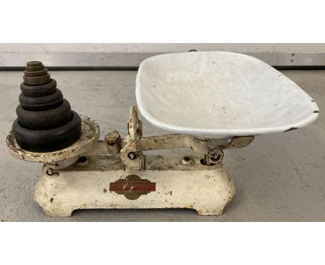 A set of vintage metal weighing scales with enamel pan by J &amp; J Siddons, West Bromwich, England. Painted white with manuf