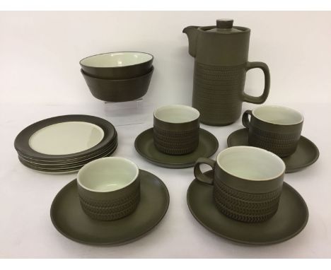 A vintage olive green "chevron" design part coffee set by Denby. Comprising: 20cm coffee pot, 2 bowls, sugar bowl, 3 cups and