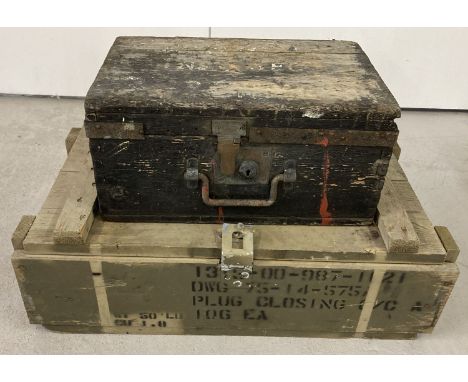 2 vintage wooden military/tool chests. Largest chest painted light khaki with rope handles together with a smaller black pain