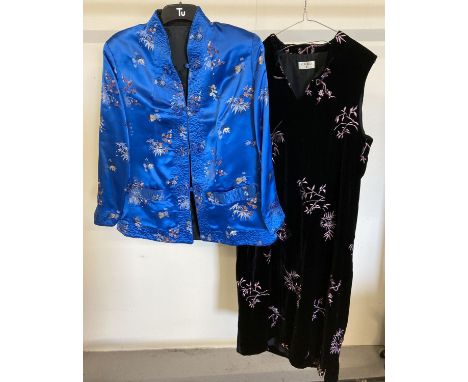 A satin oriental Tangzhuang reversible jacket together with a black velvet oriental style dress . Jacket in electric blue sat