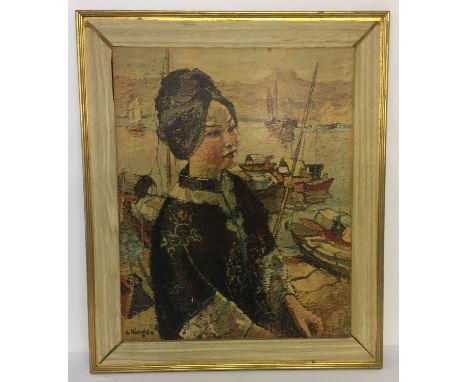 A vintage framed print on board "Lady of the Sampans" after C.Kluge. Frame size approx. 78 x 65.5cm.