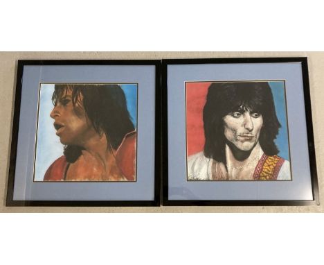 2 framed and glazed pastel portraits of Mick Jagger and Ronnie wood of the Rolling Stones rock band. Both unsigned. Each fram