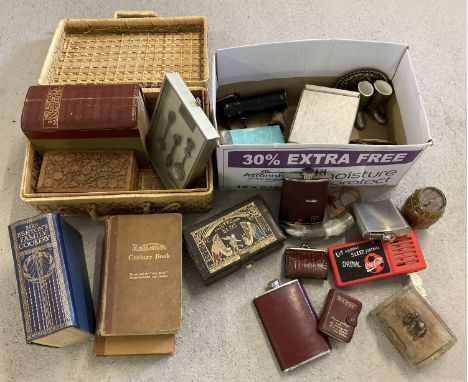 A box and small picnic basket full of mixed vintage items. To include trinket boxes, hip flasks, vintage books and a Coca-Col