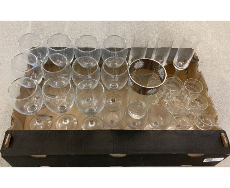 A box of assorted glasses and glass ware. To include 11 matching large wine glasses and vintage cut glass, handled punch cups
