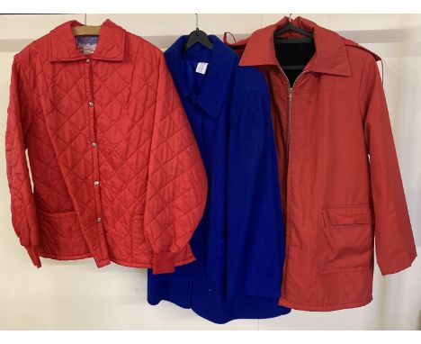 3 ladies vintage jackets. An electric blue button front wool jacket with font pockets, a fleece lined red rain mac with zip o