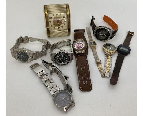 A collection of assorted vintage wristwatches to include Ben Sherman.  Together with a vintage Westclox travelling alarm cloc