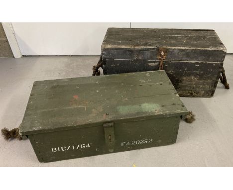2 vintage wooden military/tool chests both with rope carrying handles.One painted black the other Khaki green. Largest box ap