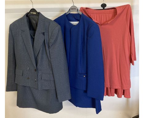 2 1980's vintage skirt suits. A smart grey blue double breasted jacket with matching skirt, both fully lined by Country Casua