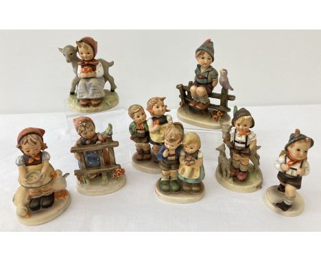 8 West German Goebel ceramic Hummel figurines. To include: To Market, Little Goat Herder, Be Patient, School Boy and Wayside 