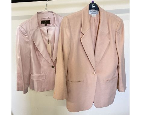 A blush pink wool jacket by Jaeger. Single front button fastening and faux front pockets. Together with a pale pink silk fitt