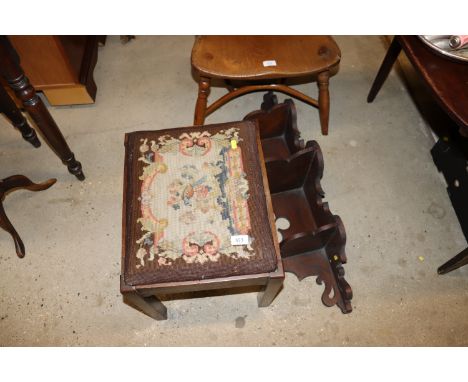 An oak corner wall shelf and a needlework stool 