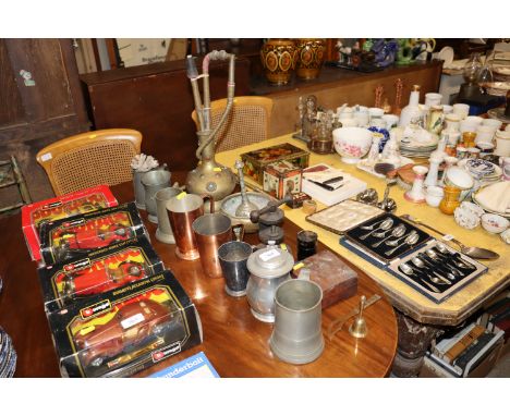 An Eastern brass Hooka pipe; pewter tankards; copper tankards; burr wood box; paper knife etc.