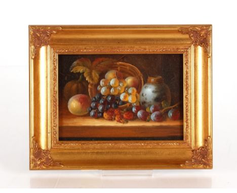 K. Burt, study of fruit in basket; and a pottery vase on ledge, signed oil on board, 11.5cm x 16.5cm 