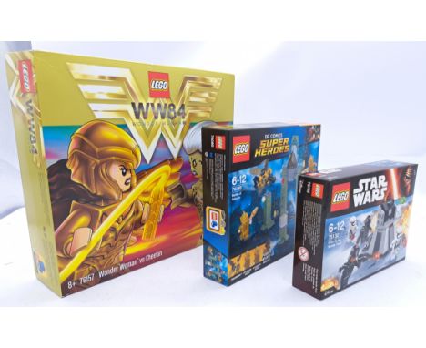 Sealed mixed theme Lego Sets 76085/76157/75132 - Battle Of Atlantis/Wonder Woman vs Cheetah/First Order Battle Pack (All Mint