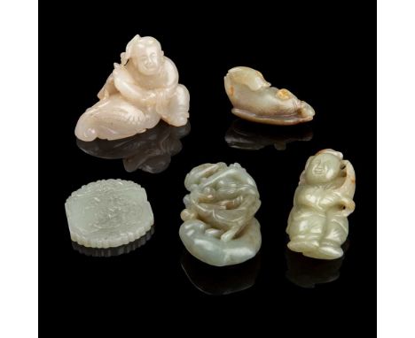 十九至二十世紀 各式玉雕（一組五件） comprising: one white jade boy holding a goose, the stone with russet inclusion, 7.8cm wide; one pale cela