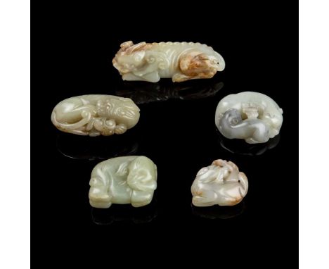 十九至二十世紀 各式動物玉雕（一組五件） comprising: two celadon jade carvings of qilin with lingzhi fungus with uneven russet skin, 6.8cm and 9.