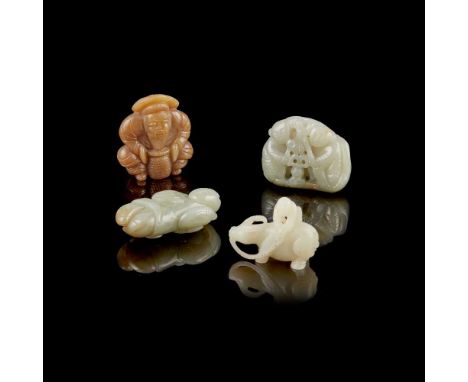 各色人物玉雕（一組四件） comprising: a celadon jade carving of a joyous boy carrying a two-headed lingzhi flipping to his back; a celadon