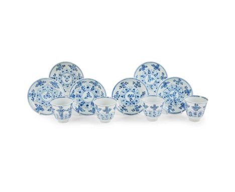 清 青花花卉紋仰鍾杯帶盞（共十件） comprising: four sets of bell-shaped cups with saucers, with extra two saucers, all decorated with floral m