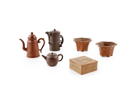 十九至二十世紀 宜興紫砂茶壺（三件）、花盆（一對）及蓋盒（共六件） comprising: a teapot set with sinuous musical beasts as handle and spout, stamped on base '