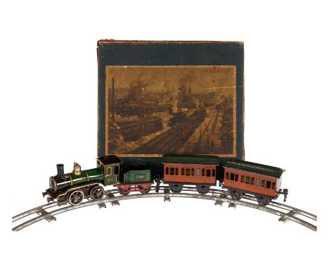 Märklin Zugpackung R 960/77/2, Spur 0, uralt, CL, Uhrwerk intakt, mit A-1 engl. Dampflok, 2A-Tender und 2 Abteilwagen, Wagenl