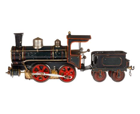 Märklin B-Dampflok 1022, mit 2A-Tender, Spur 2, uralt, HL, v+r, s+l, mit Bremse und Galeriestangen, Uhrwerk intakt, Alterungs