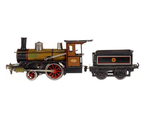 Carette 1-A Dampflok, mit passendem? 2A-Tender, Spur 1, HL, Uhrwerk intakt, v+r, mit Bremse, Galeriestangen, Alterungsspuren,