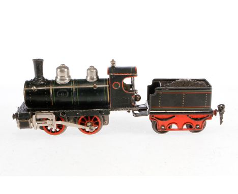 Märklin B-Dampflok, Spur 0, uralt, Uhrwerk intakt, HL, mit Tender, Bremse und v+r, LS tw ausgeb., gealterter Lack, sonst noch