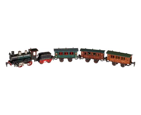 Märklin 5-teiliger Spur 0-Zug, uralt, HL, Uhrwerk intakt, mit B-Dampflok 1020, v+r, mit Bremse, Galeriestangen, 1 imit. Stirn