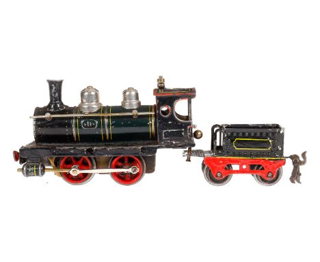 Märklin B-Dampflok 1020, mit 2A-Tender, Spur 0, uralt, HL, Uhrwerk intakt, Galeriestangen, v+r, mit Bremse, Gebrauchsspuren, 