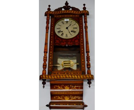 39" VICTORIAN INLAID MAHOGANY STRIKING REGULATOR WALL CLOCK WITH BRASS PENDULUM & TIN FACE     