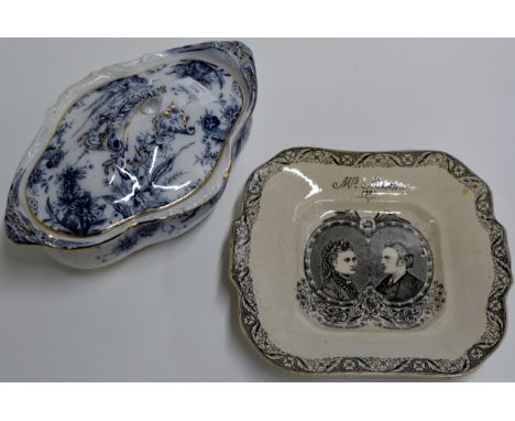 VICTORIAN TRANSFER PRINT DISH - MRS MOISON 1871 & LIDDED TUREEN     