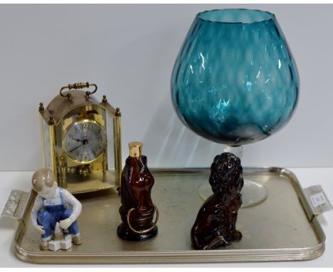 TRAY CONTAINING LARGE COLOURED GLASS, MANTLE CLOCK, PORCELAIN FIGURINE ORNAMENT, SMALL GLASS DECANTERS ETC     