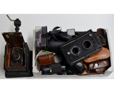 VARIOUS VINTAGE CAMERAS, MINOLTA BINOCULARS, VARIOUS CAMERA ACCESSORIES ETC     
