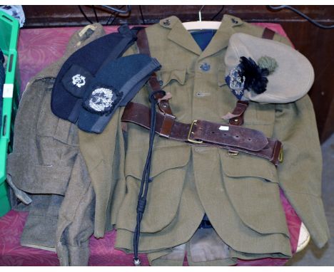 OLD CAMERONIANS (SCOTTISH RIFLES) ARMY UNIFORM WITH 3 VARIOUS HATS ETC     